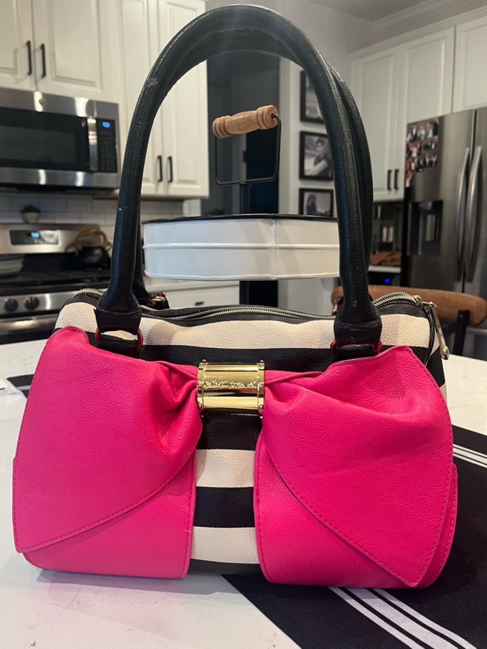 Betsey Johnson Black and Hot Pink Striped Satchel - Picture 3 of 14